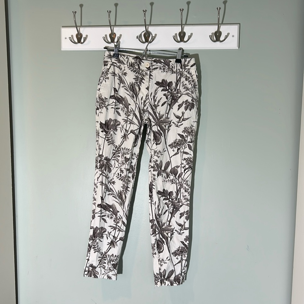 Talbots Heritage Women's 4P Toile Slim Ankle Pants Floral Birds Cream Gray